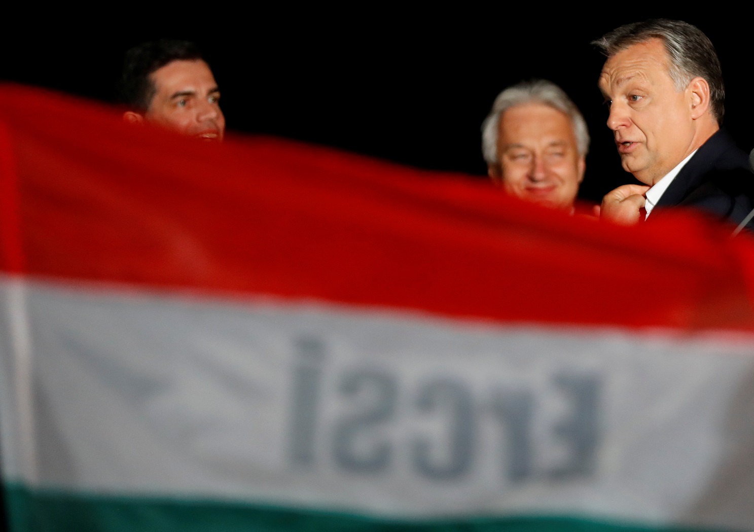 Hungarian Prime Minister Viktor Orban addresses the supporters after the announcement of the partial results of parliamentary election in Budapest