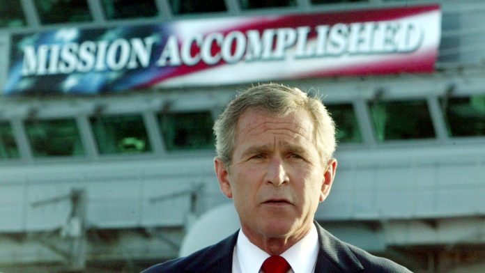 US PRESIDENT BUSH DELIVERS A SPEECH ABOARD THE AIRCRAFT CARRIER ABRAHAM LINCOLN