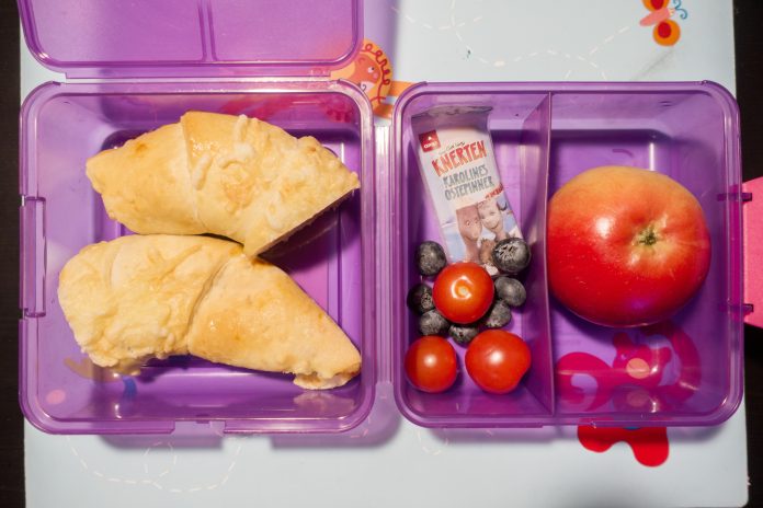 Matboks med horn, tomater, ost, blåbær og epler på skole.