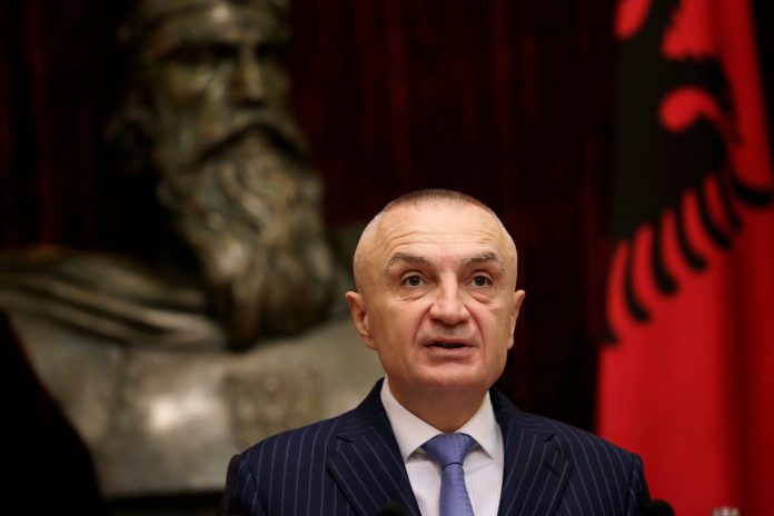 Albanian President Ilir Meta delivers a speech during a news conference in Tirana